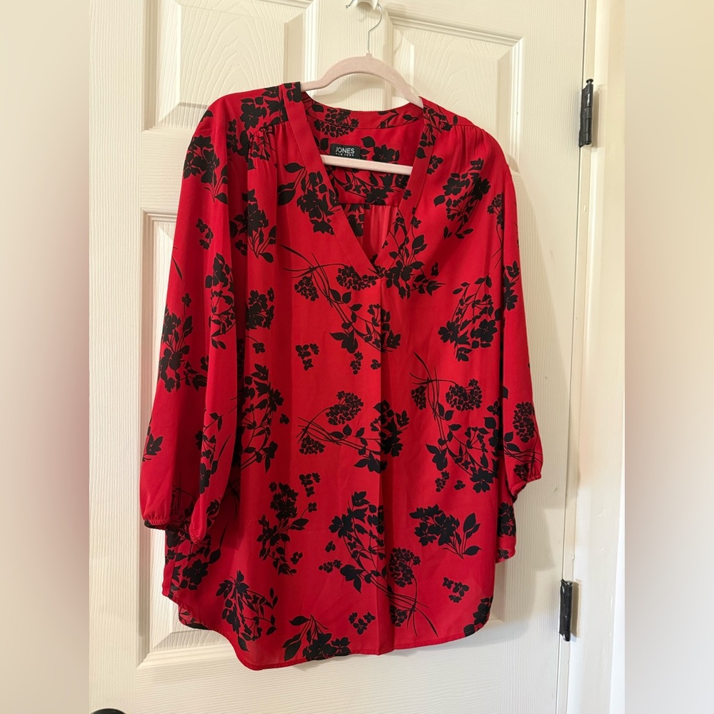 Jones New York Red Blouse with Black Floral Print